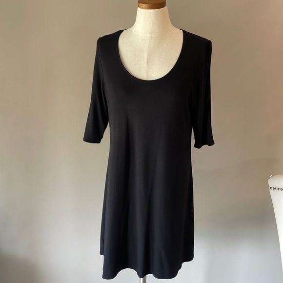 EILEEN FISHER viscose jersey stretch mini dress A-line scoops neck 1/2 sleeve M - Picture 1 of 8
